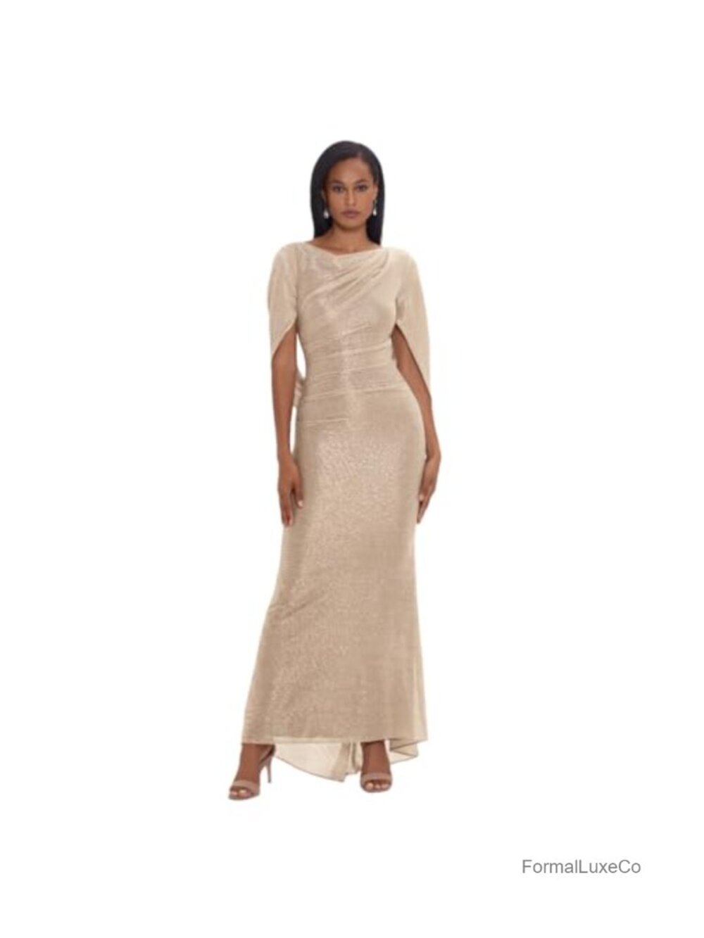 Metallic Crinkle Knit Floor Length Evening Gown Boat Neck Cape Sleeve